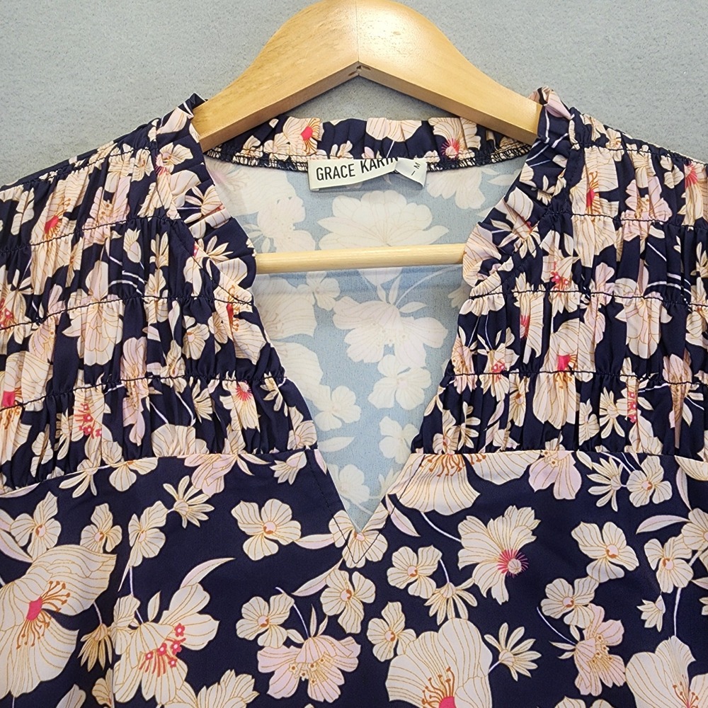 Grace Karin Floral Tiered Midi Dress Navy Blue Peach Flutter Sleeve Smocked‎ Med - Picture 3 of 12